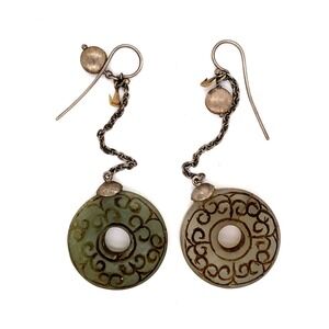 Estate QueenD Long Carved Jade Pierced Hook Dangle Chain Earrings! 76‎